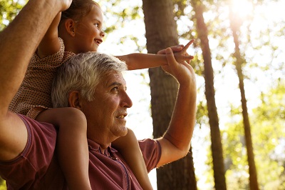 Young girl on grandpa's shoulders